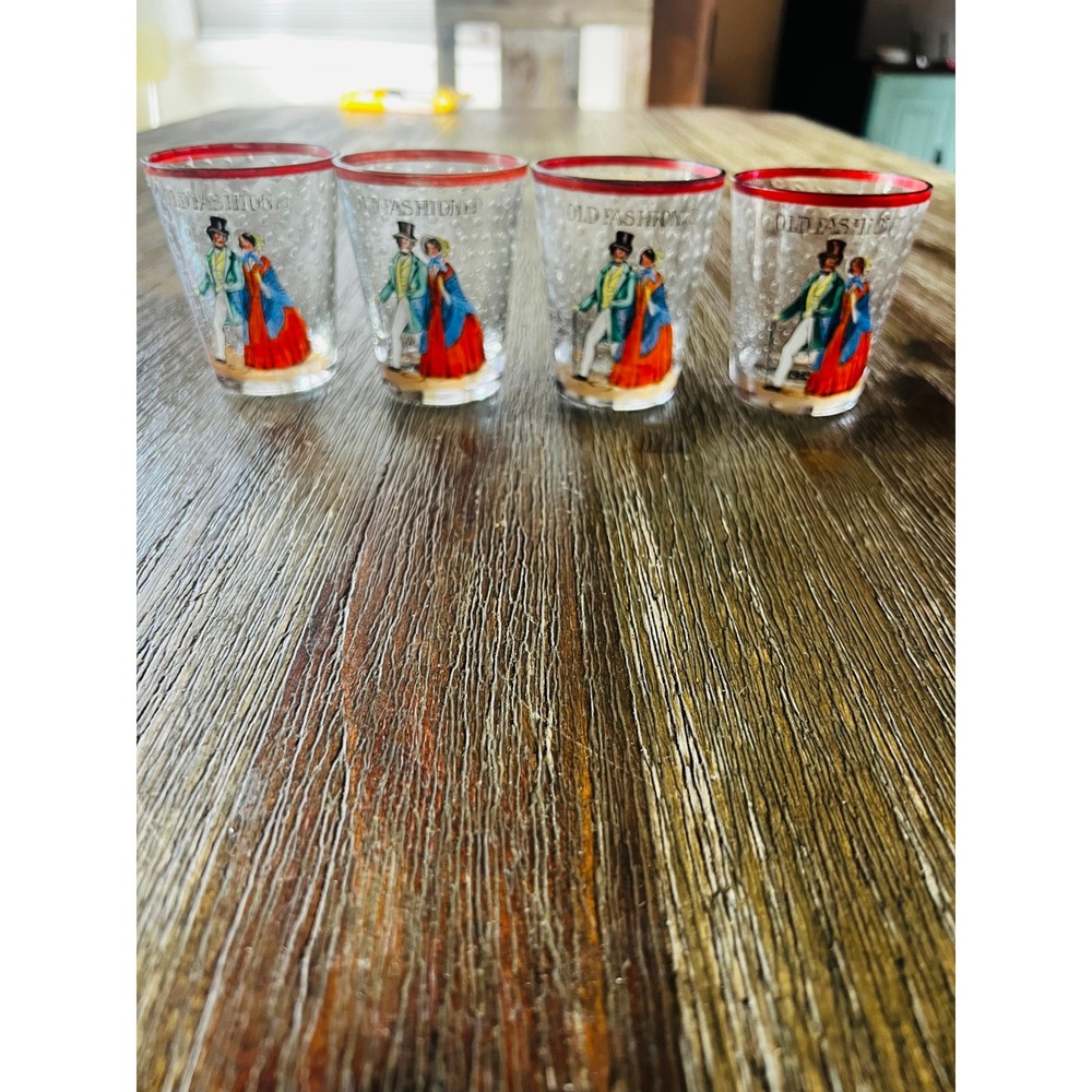 Vintage Old Fashioned Victorian Couple Juice Glasses Red Rim Bubble Glass Set 4